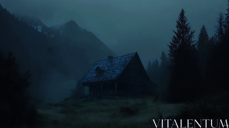 Midnight fog cradles a lonely cabin in watchful silence