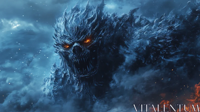Frozen infernal titan with burning eyes in storm clouds.