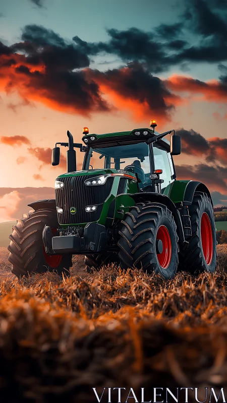 Modern green tractor dominates harvested field at sunset.
