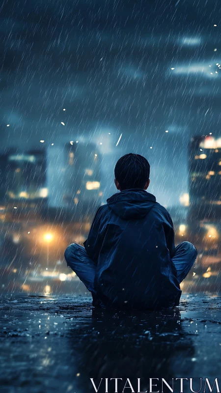 Solitary figure reflects in neon city rainstorm at night