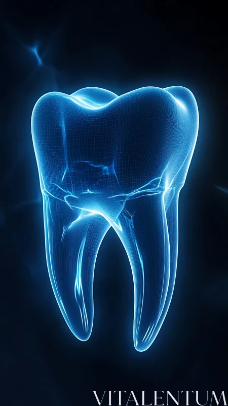 Digital tooth hologram glows with precise wireframe detail.