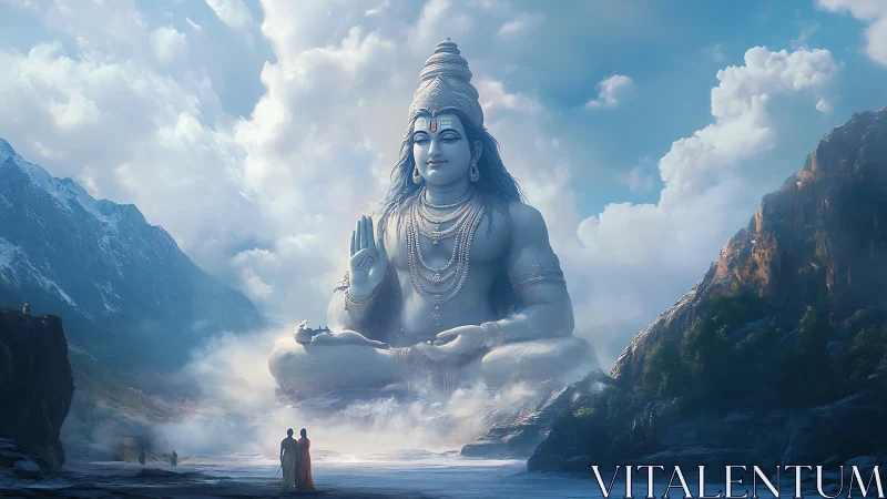 Colossal seated deity statue occupies misty mountain valley