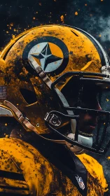 Grunge-textured football helmet profile amid dynamic particle bursts.