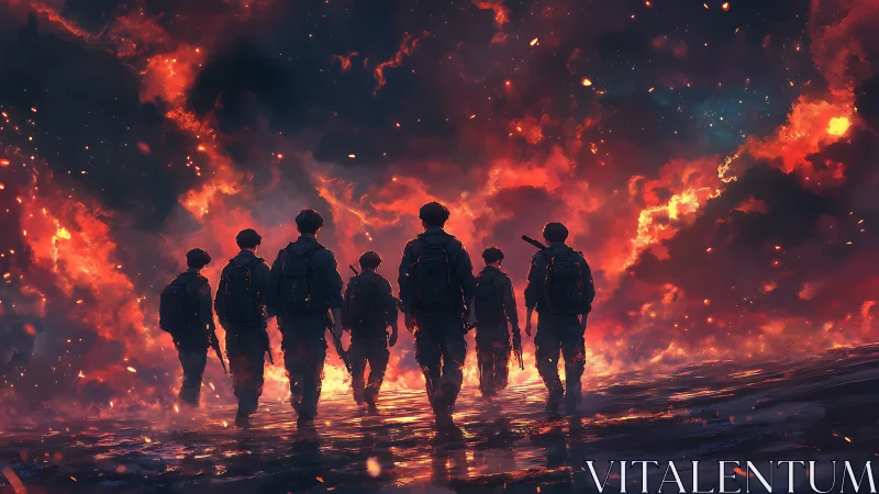 Group of armed figures walking toward burning red horizon.