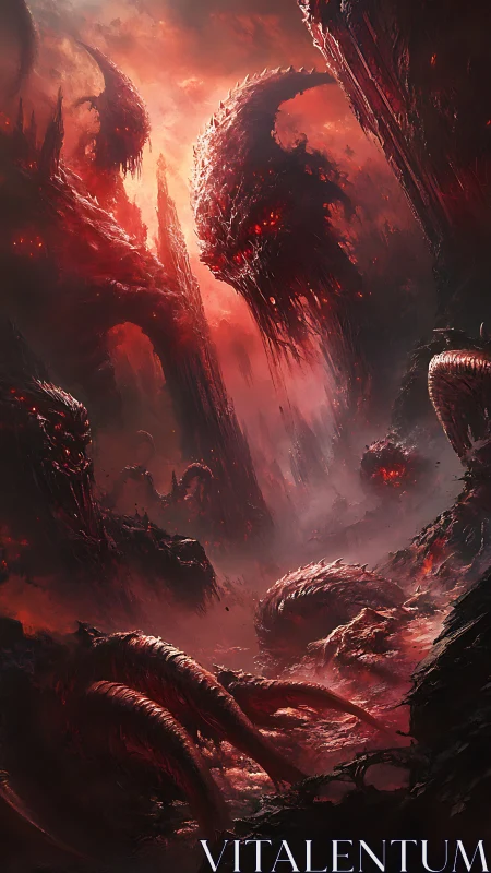 Demonic biomechanical landscape fills vertical infernal scene