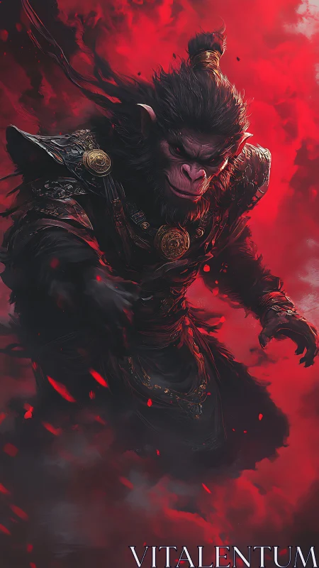 Armored simian warrior advances through dense red vapor