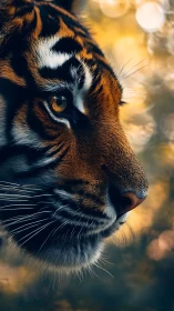 Close tiger profile with sharp details and warm bokeh light.