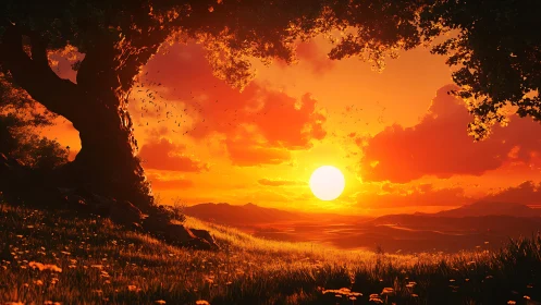 Radiant sunset bathes a tranquil meadow in glowing warmth