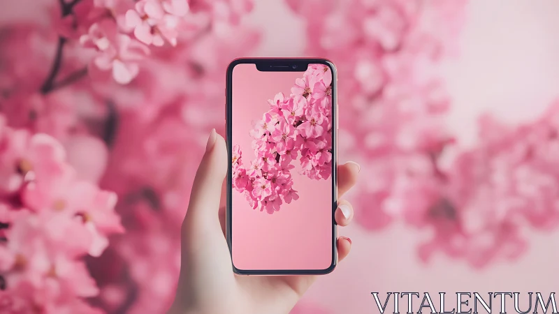 Smartphone held in hand displays pink floral wallpaper design.