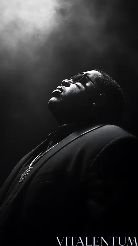 Low key monochrome portrait with volumetric overhead backlight.