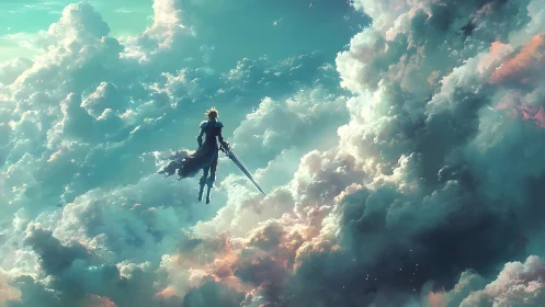 Solitary sword-bearing figure suspended amid dense clouds.