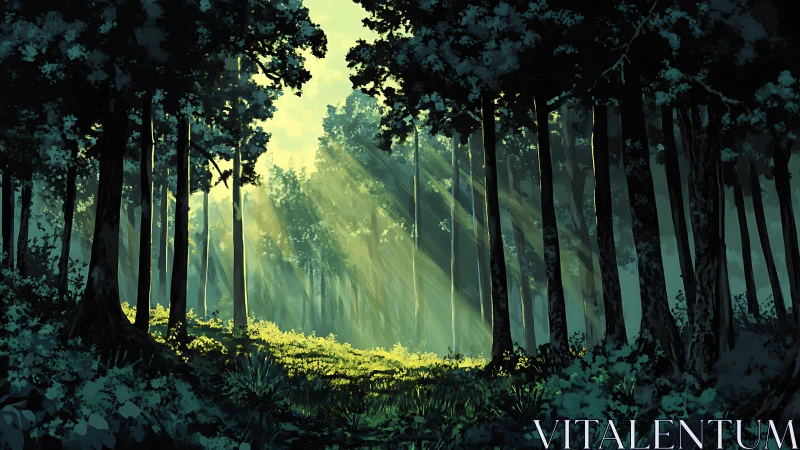 Atmospheric forest cathedral with volumetric light penetration.