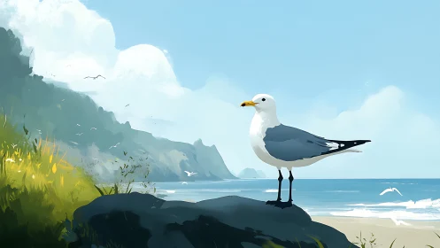Seagull Perched Above Coastal Cliffs and Ocean.