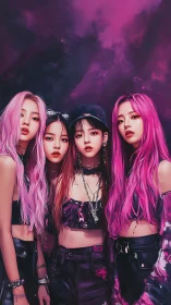 Four digital-rendered women in coordinated urban fashion group.