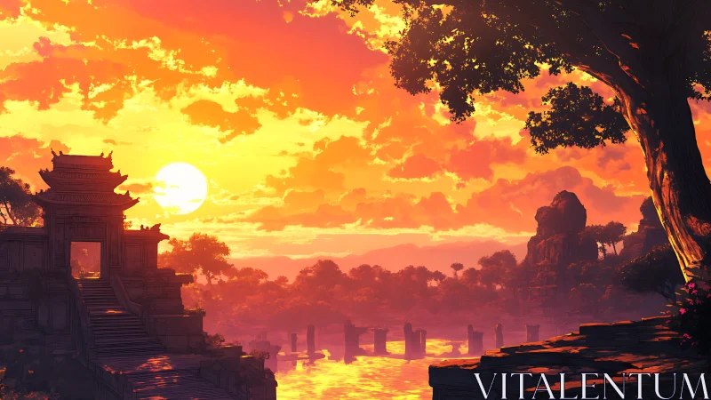 Sunlit temple terrace overlooks glowing river at sunset