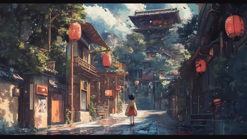 Child in lantern-lit alley approaches distant temple gate at dusk