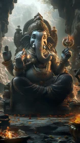 Elephant-headed deity statue with gold ornaments in cave.