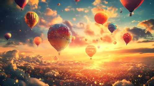 Colorful hot air balloons floating above glowing city sky