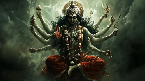 Mystic many-armed goddess drifting through swirling light.