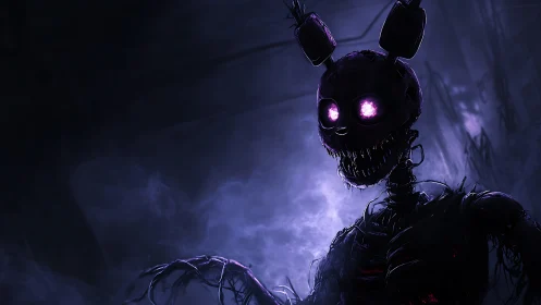 Necrotic animatronic rabbit with luminescent ocular cores.