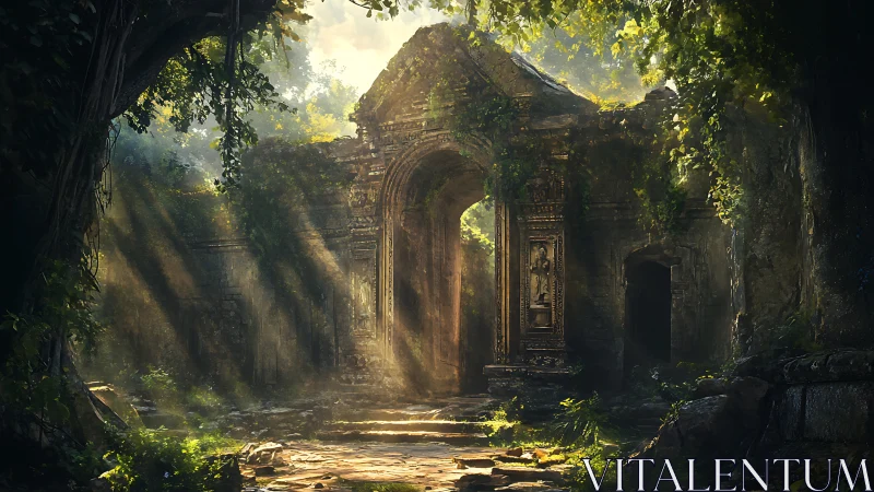 Sunlit stone gateway in overgrown forest ruin at dawn.