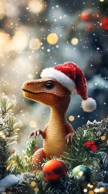 Santa-hatted baby dinosaur sparkles in enchanted snowfall.