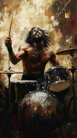 Kinetic oil study of ecstatic drummer in full percussive motion.