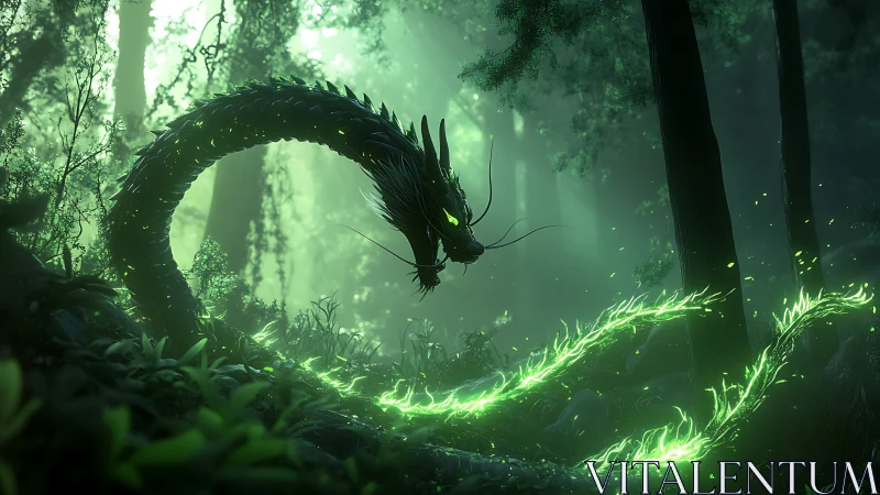 Emerald spirit dragon coils through a misty enchanted forest