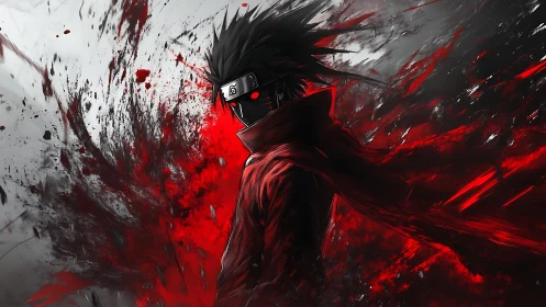 Shadow ninja silhouette amid erupting crimson energy storm.