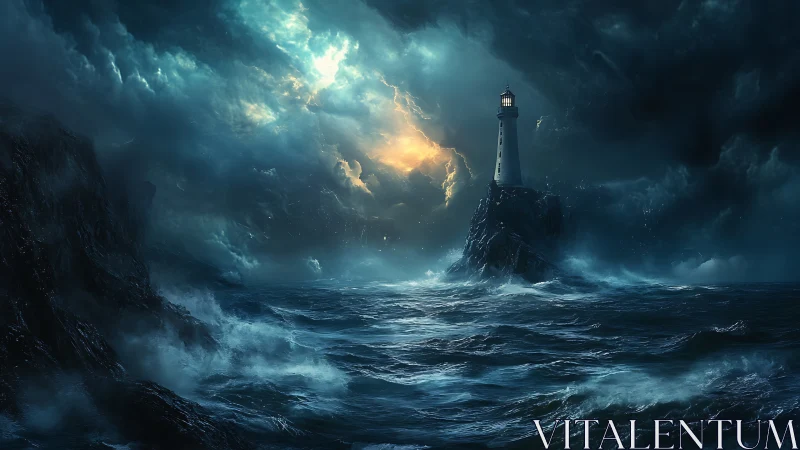 Lighthouse stands on rocky sea stack in stormy night seascape