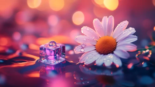 Pink daisy with crystalline perfume bottle in bokeh light