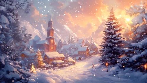 Digital painting of alpine village in glowing winter sunset snow.