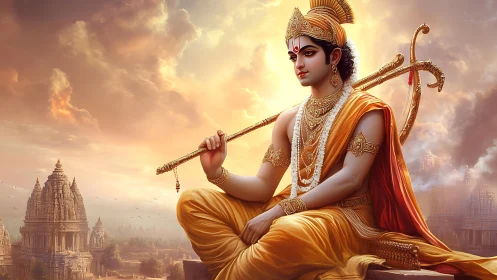 Sunlit warrior prince rests above ancient golden temples.