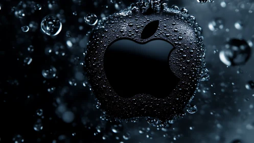 Hydrophobic metallic apple silhouette in macro water droplet field