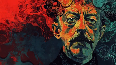 Portrait of older man in stylized red and teal palette.