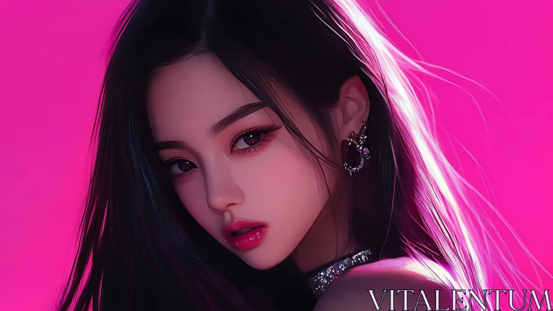 Digital portrait with neon pink glamour lighting focus.