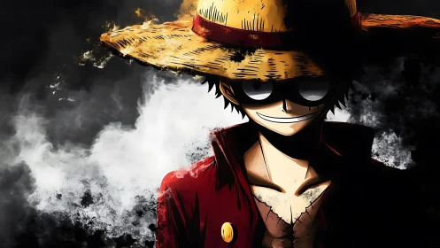 Shadowlit straw-hat rogue grins through swirling storm smoke.