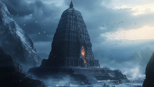 Ancient ice temple with burning core under stormy sky.