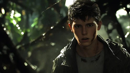 Brave young survivor pausing in a shadowy forest retreat.