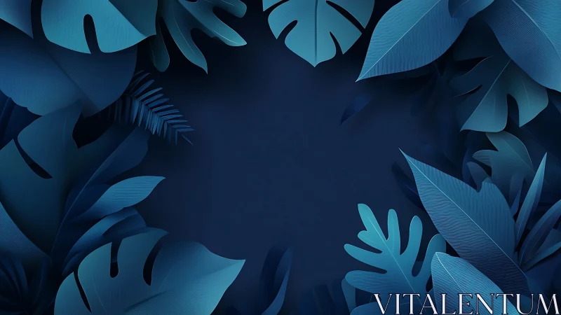 Layered blue tropical foliage forms symmetric negative-space frame