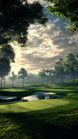 Sunlit golf green and reflective water hazard under cumulus sky