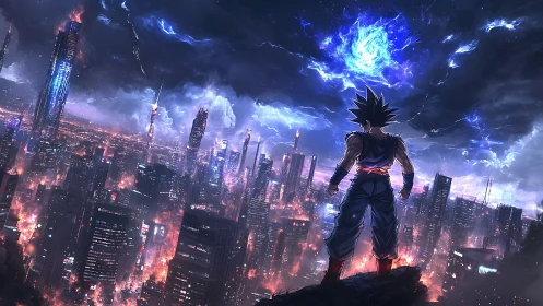 Anime warrior over futuristic burning city at night.