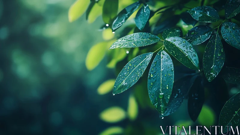 Rain-kissed green leaves glow softly in gentle forest light