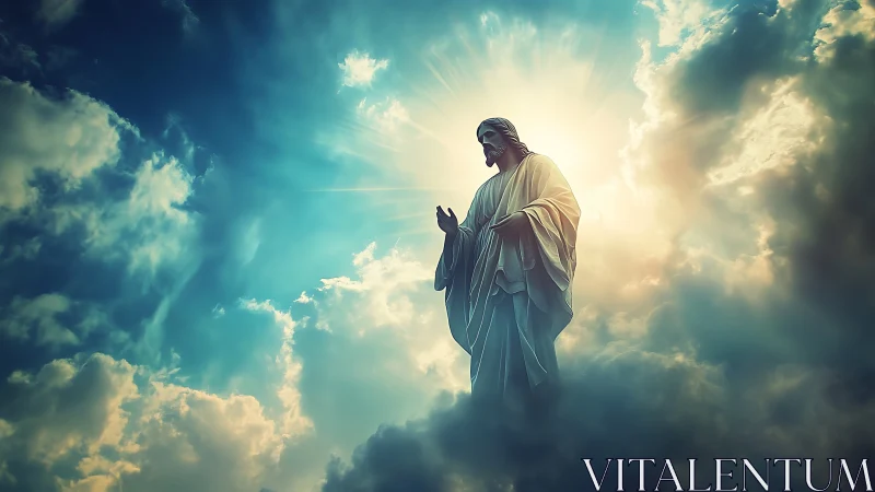 Radiant robed figure emerges from luminous celestial clouds