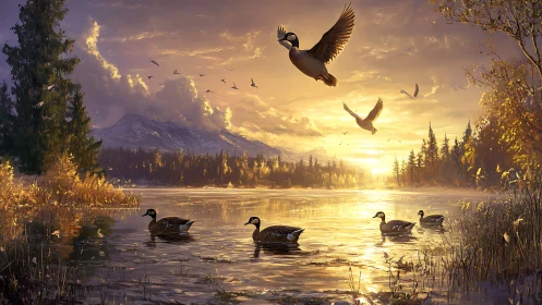 Golden mountain lake at sunrise with migrating ducks.
