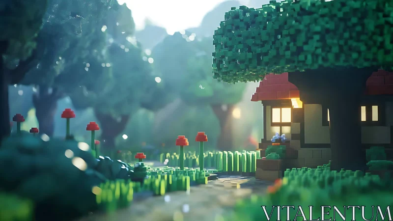 Minecraft-Style Cottage in Forest Setting with Atmospheric Lighting