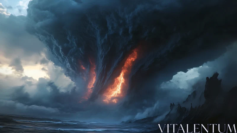 Apocalyptic storm vortex over ocean with molten sky fissure.