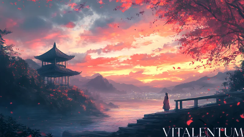 Autumn lakeside shrine at dusk with distant illuminated valley