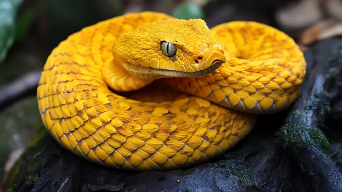 Gold-coiled viper quietly reigns over the rainforest dusk