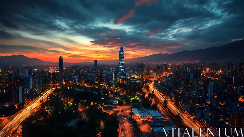 Sunset-lit skyline glows above winding city traffic arteries.